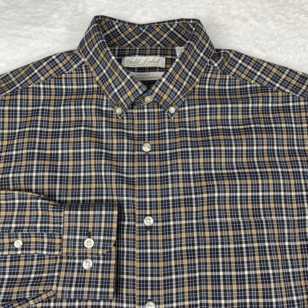 Roundtree & Yorke Gold Label Dress Shirt Mens Large Tall Blue/Brown Checks